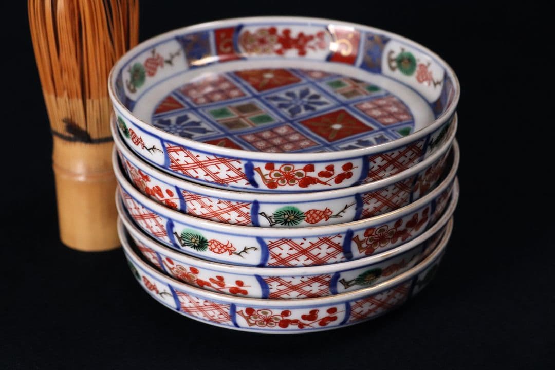 時代 大聖寺伊万里 奇玉宝鼎之珍 錦手小紋小皿 五客 12cm 色絵 MA407