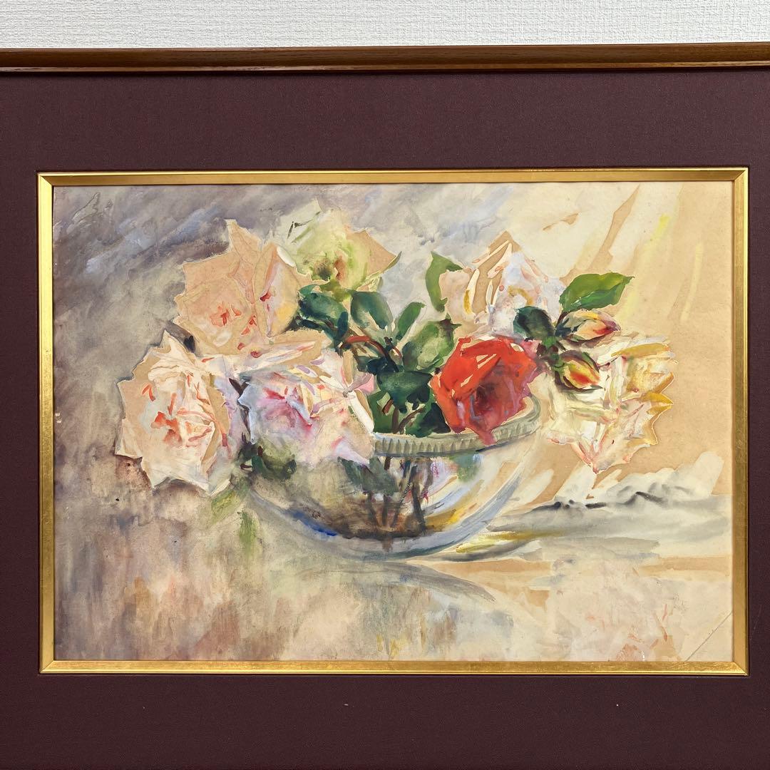 No.34120503 水彩画真野紀太郎「ばら　日本水彩画会45周年記念展出品作