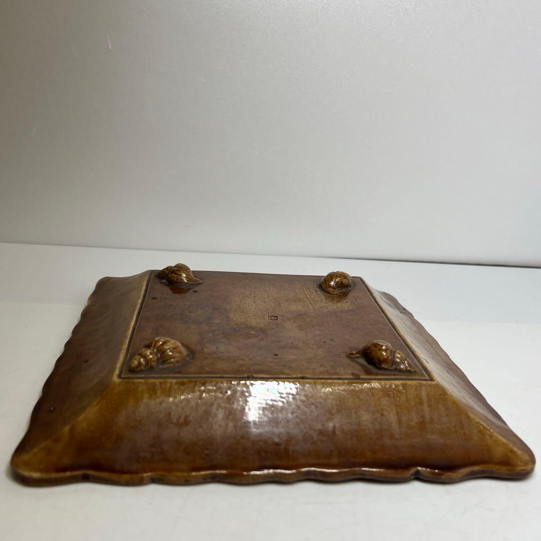 江戸初期　平賀源内　源内焼　獅子図角皿　木箱付　トヒサ　東さ8-0131☆2F