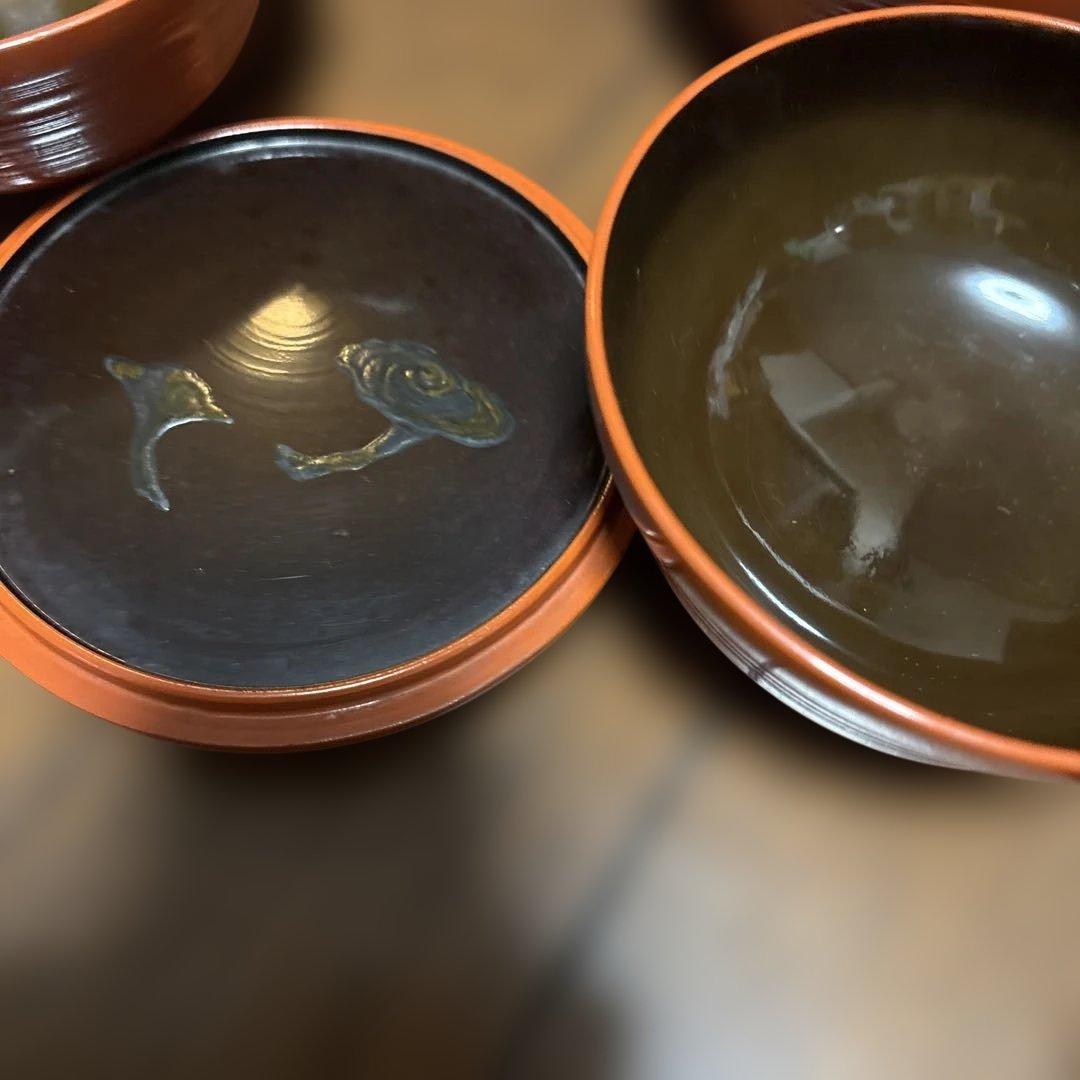 期間限定最終処分特価　逸品明治輪島の作品　蓋裏霊芝模様汁物椀煮物椀五客セット上品