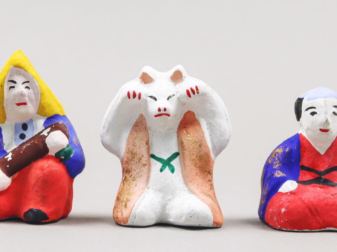 今戸焼 三すくみ 狐拳 キツネ 猟師 庄屋 土人形 置物 民芸品