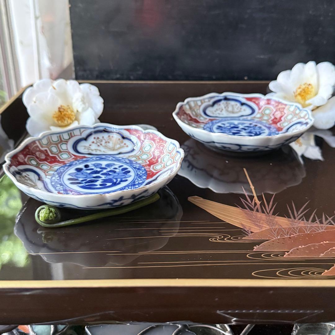 超限定2日20時迄❣旧家蔵出江戸期最上手牡丹と亀甲❌松竹梅大聖寺伊万里小皿5客