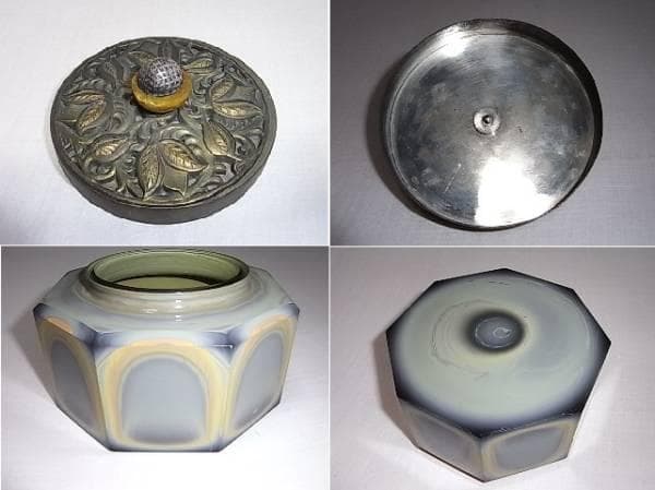美品大正時代◆八角形 瑪瑙ガラス マーブル模様ガラス工芸 蓋銀製 ボンボニエール
