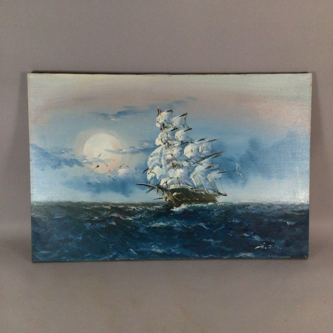 No4800 額装　油彩画　朝日　帆船　直筆サイン　箱付　絵画　美術　送料無料