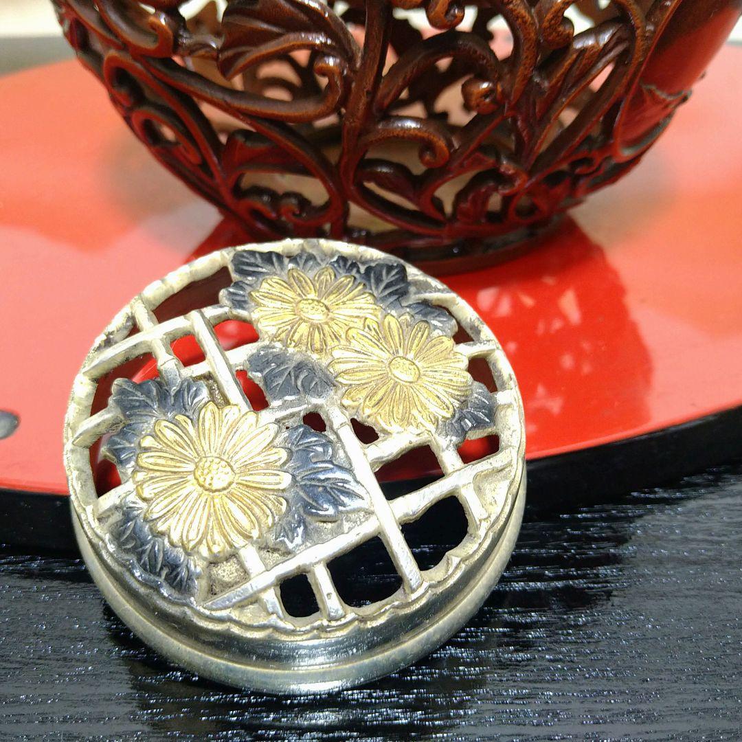 AG37 老岩作 香炉 透かし彫 金彩花図 銅製  共箱 未使用