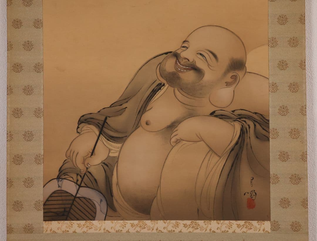 【模写】日本画 杉木月嘯 月見布袋図 絹本 掛軸 MB12