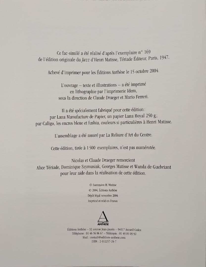 【2月限定価格】Henri Matisse Jazz　限定版　アートブック