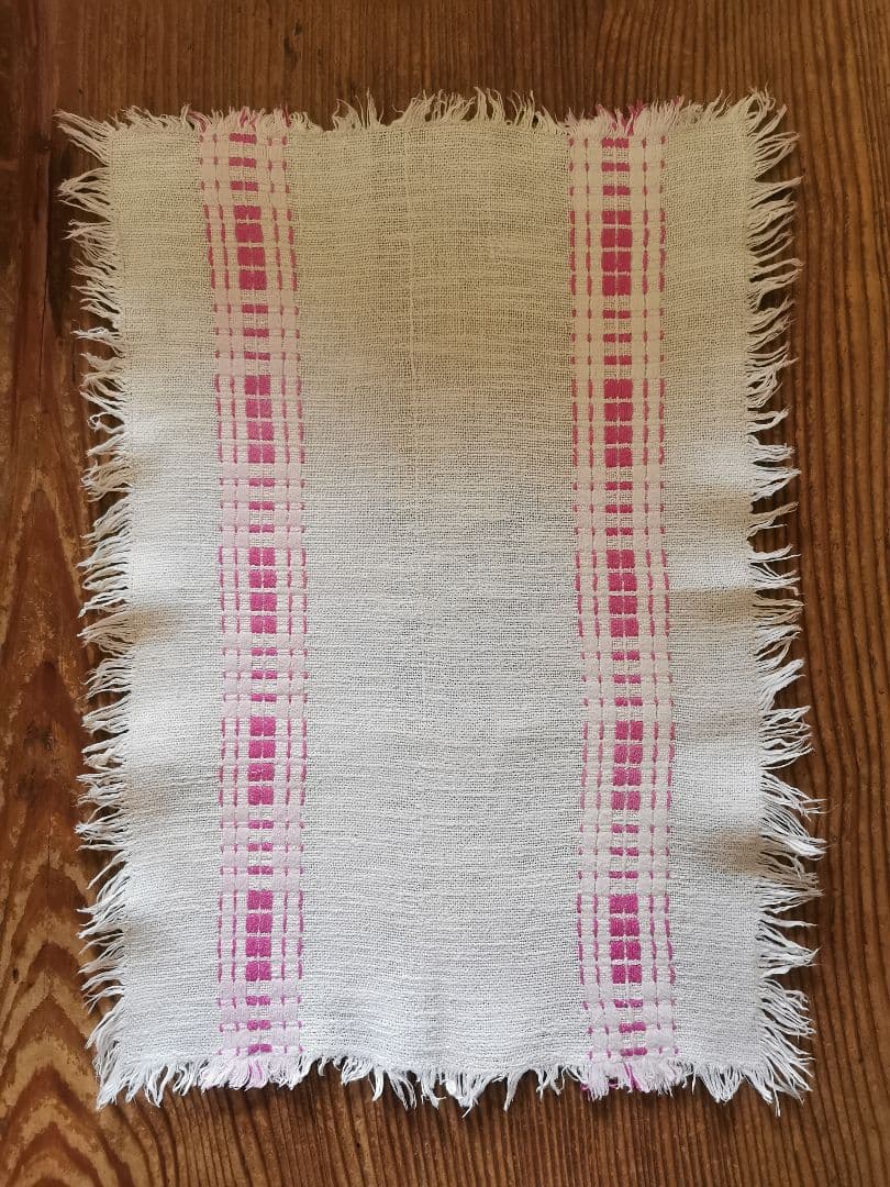 ヴィンテージ フランス ラズベリー桜ピンク織刺繍 プレイスマット リネンランナー