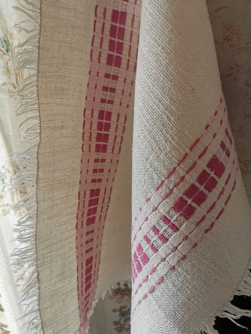 ヴィンテージ フランス ラズベリー桜ピンク織刺繍 プレイスマット リネンランナー