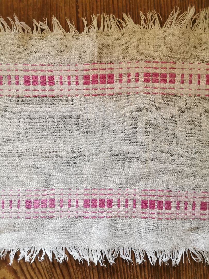 ヴィンテージ フランス ラズベリー桜ピンク織刺繍 プレイスマット リネンランナー