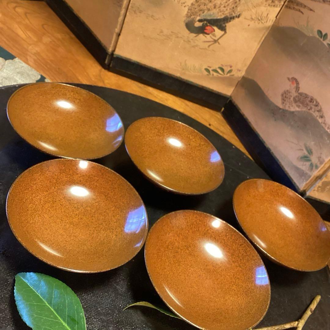 A1033 木製輪島塗　懐石道具　総梨地　松葉唐草　蒔絵　吸物椀　　5客