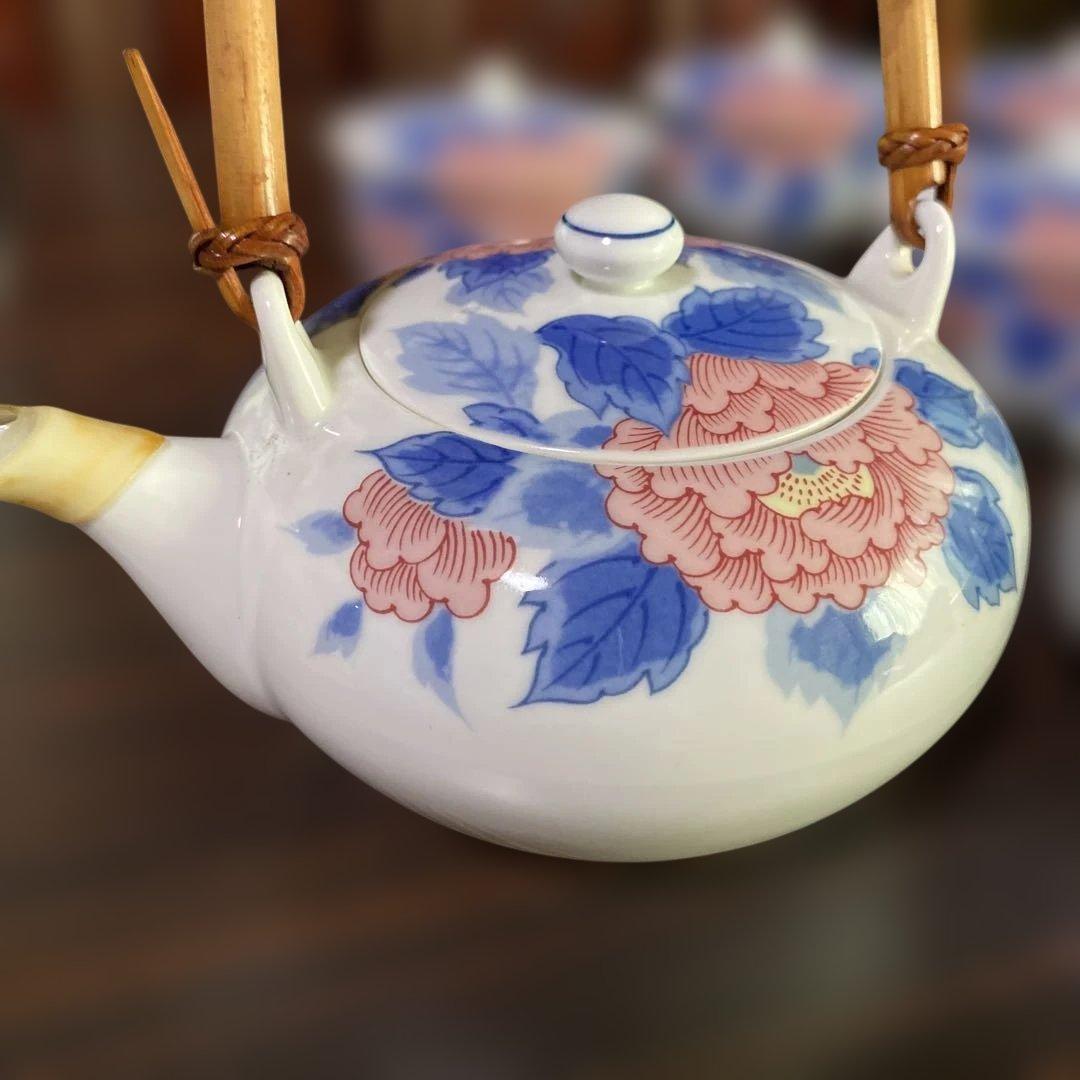 有田焼　有田有陶作　色牡丹絵柄　急須と蓋付き湯呑み10セット