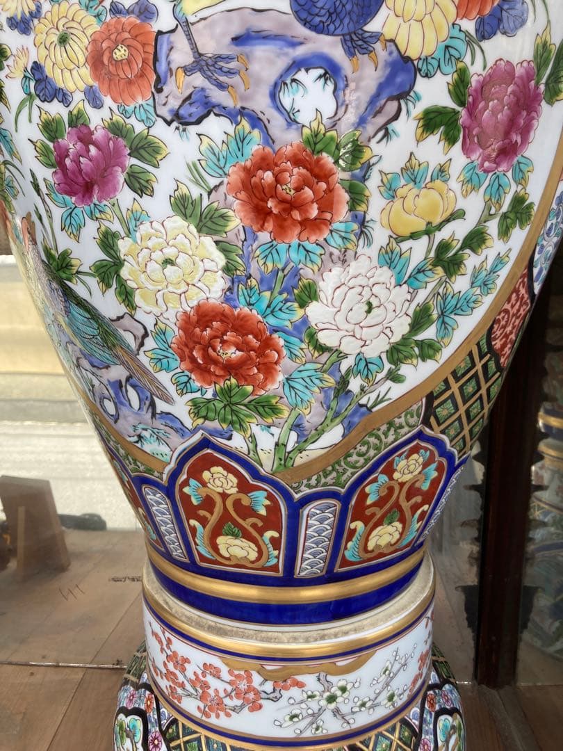 飾壺　豪華大壺　花鳥図染錦　獅子　有田焼　床壺　未使用品