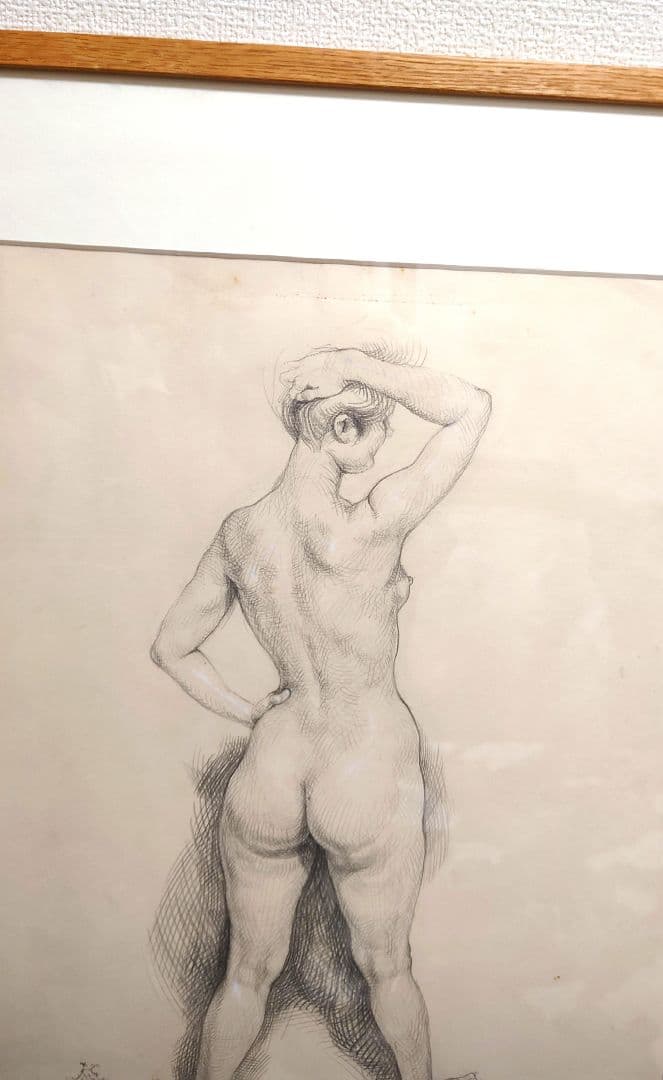 真作 牧野邦夫 『裸婦』 絵画 鉛筆デッサン 人物画 額装