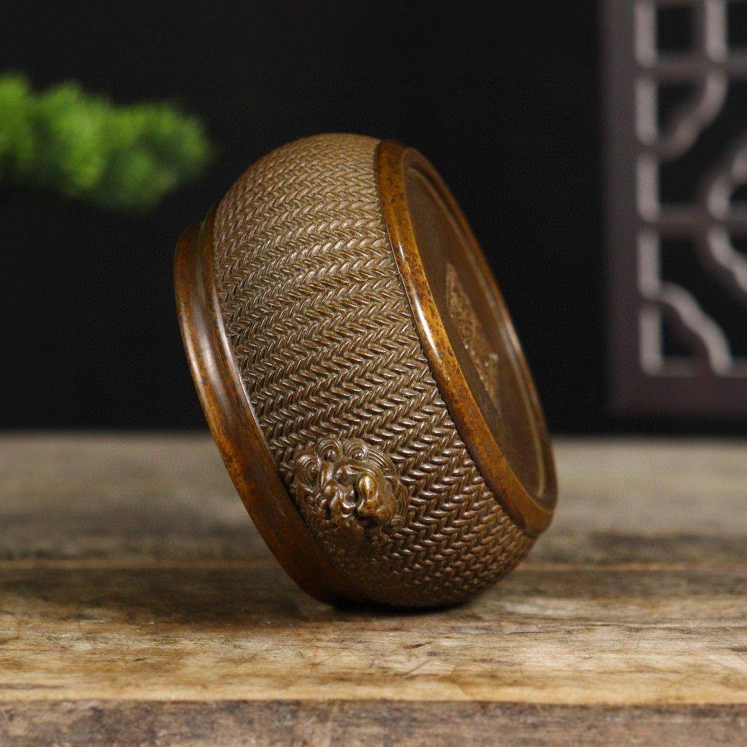 双獅耳竹細工蓋薫香炉 铜香炉 茶道置物