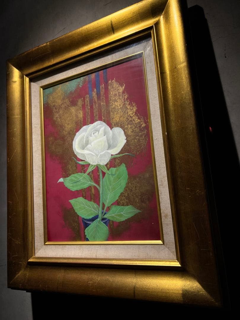 写実　日本画　【白い薔薇】肉筆画　作者不詳