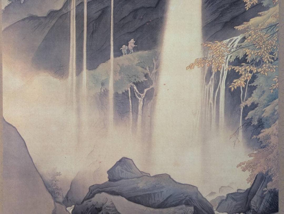 【真作】【複製】掛軸　川合玉堂　工芸画　日光浦見瀧　紅葉と瀑布　箱入　S111