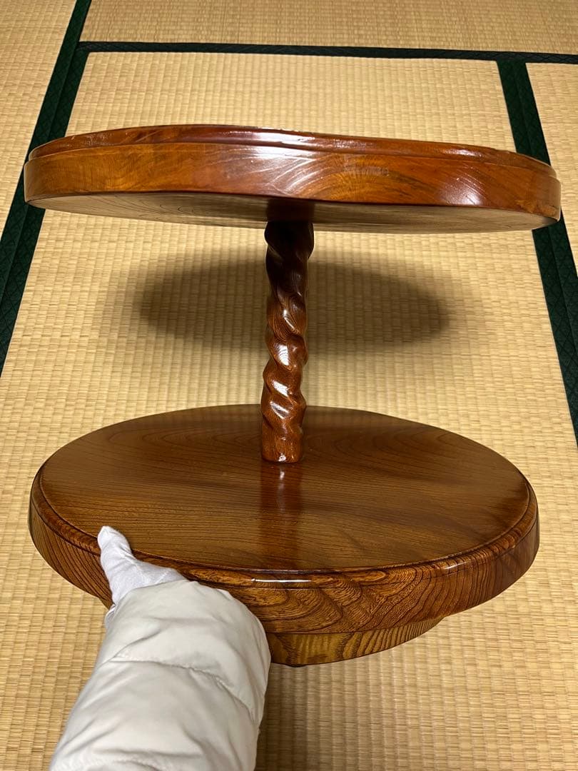 木製二段式円形テーブル　回転　けやき　昭和レトロ　サイドテーブル