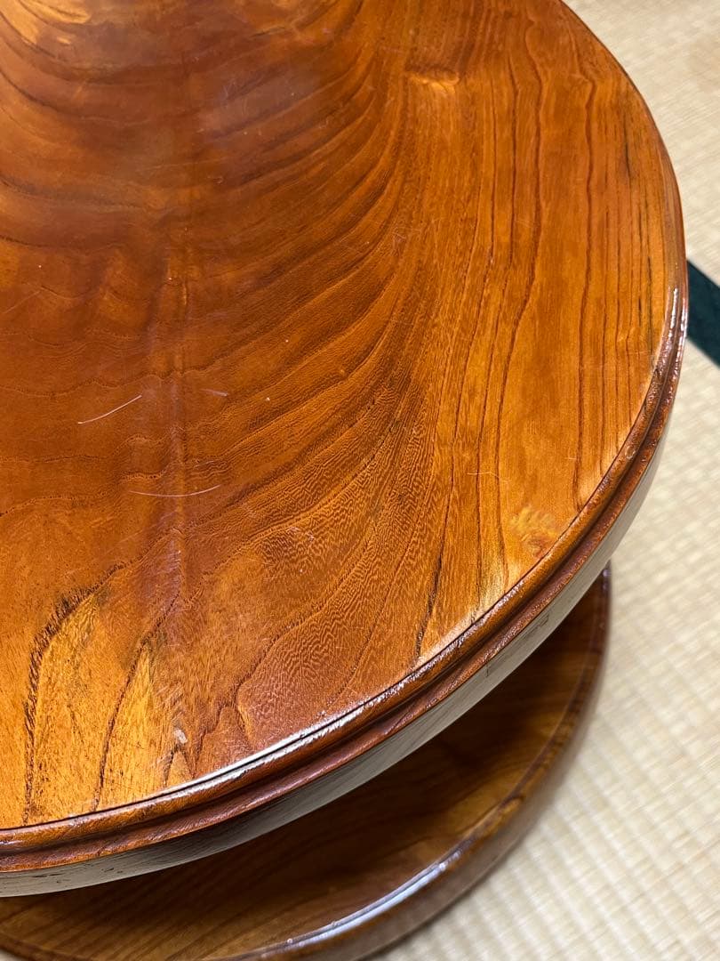 木製二段式円形テーブル　回転　けやき　昭和レトロ　サイドテーブル