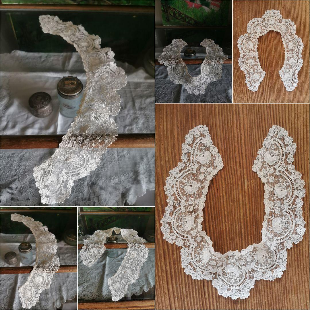 アンティークベルギー ポワンドガーズローズ ９輪の立体薔薇 レースカラー 付け襟