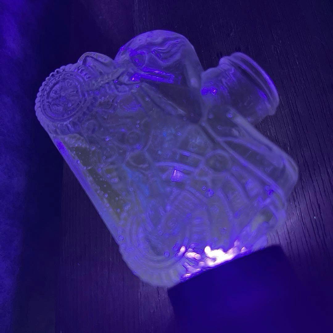 骨董　レトロガラス　時代　金平糖瓶　菓子瓶　バイク　単車　エンボス　ウラン