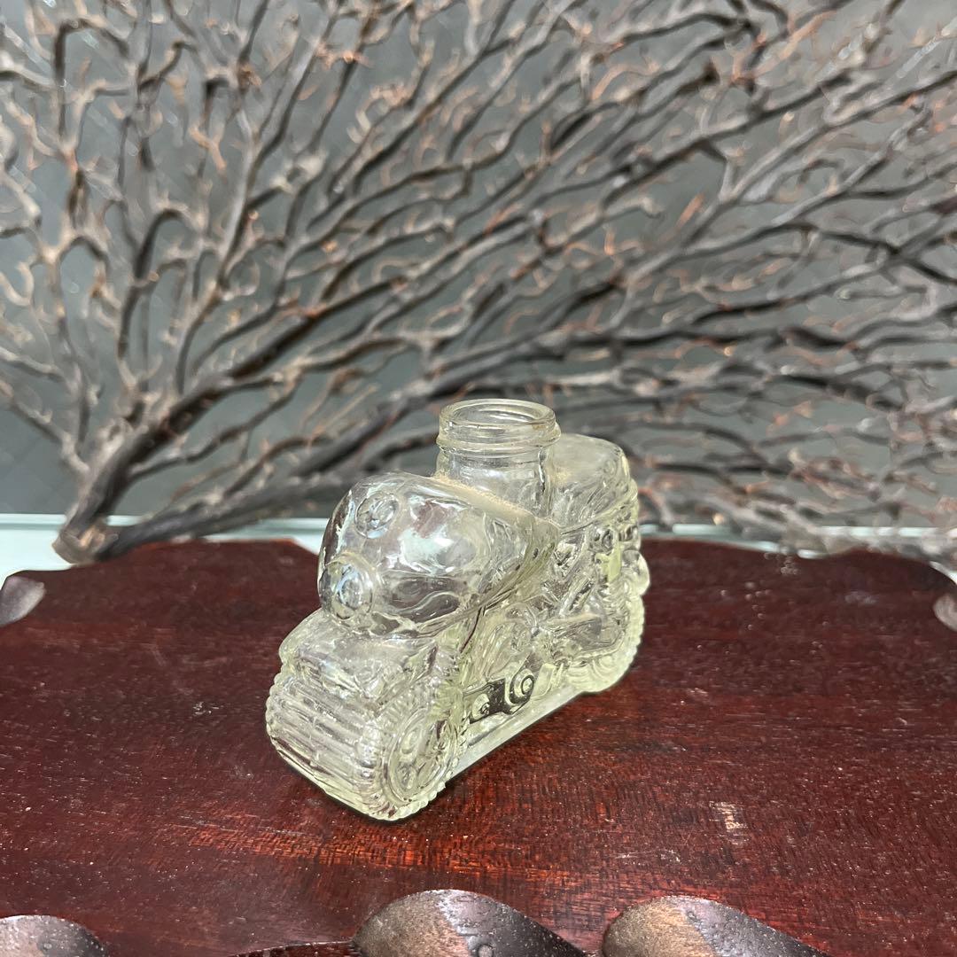 骨董　レトロガラス　時代　金平糖瓶　菓子瓶　バイク　単車　エンボス　ウラン