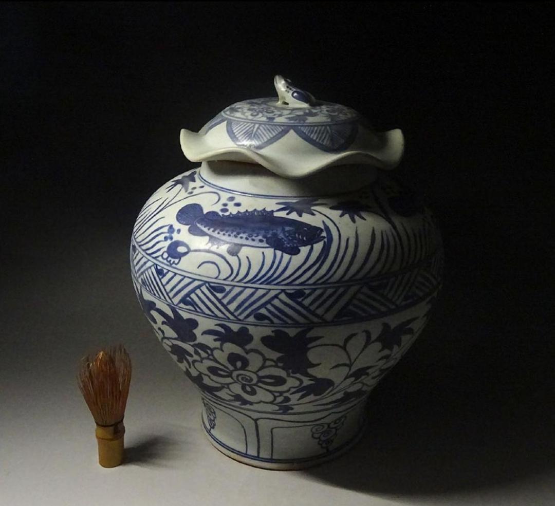 中国古玩 元染 魚藻文 蓋付壷 高約34cm 唐物 時代物 c11370