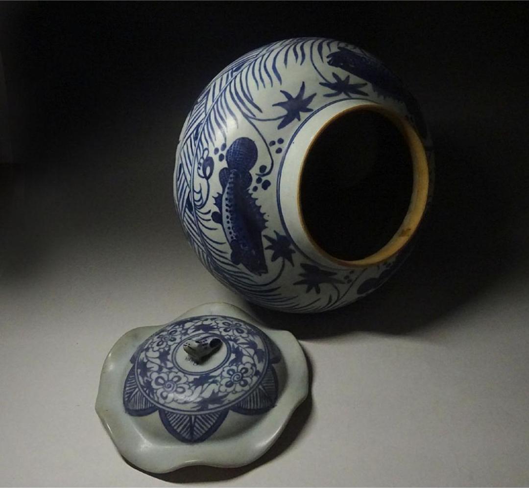 中国古玩 元染 魚藻文 蓋付壷 高約34cm 唐物 時代物 c11370