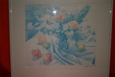 ★国仲真由美★綺麗なリトグラフ★『卓上の静物：ガラス花瓶の花束とりんご』です。★