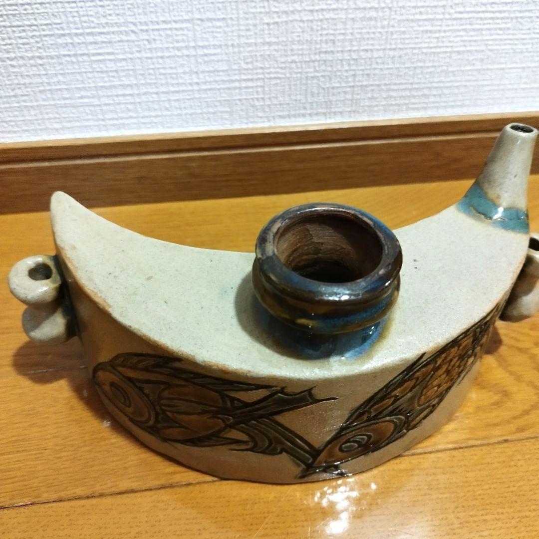 女性陶芸作家　宮城須美子さん　大きな双魚紋の抱瓶　幅約27センチ！　花器・飾り壷