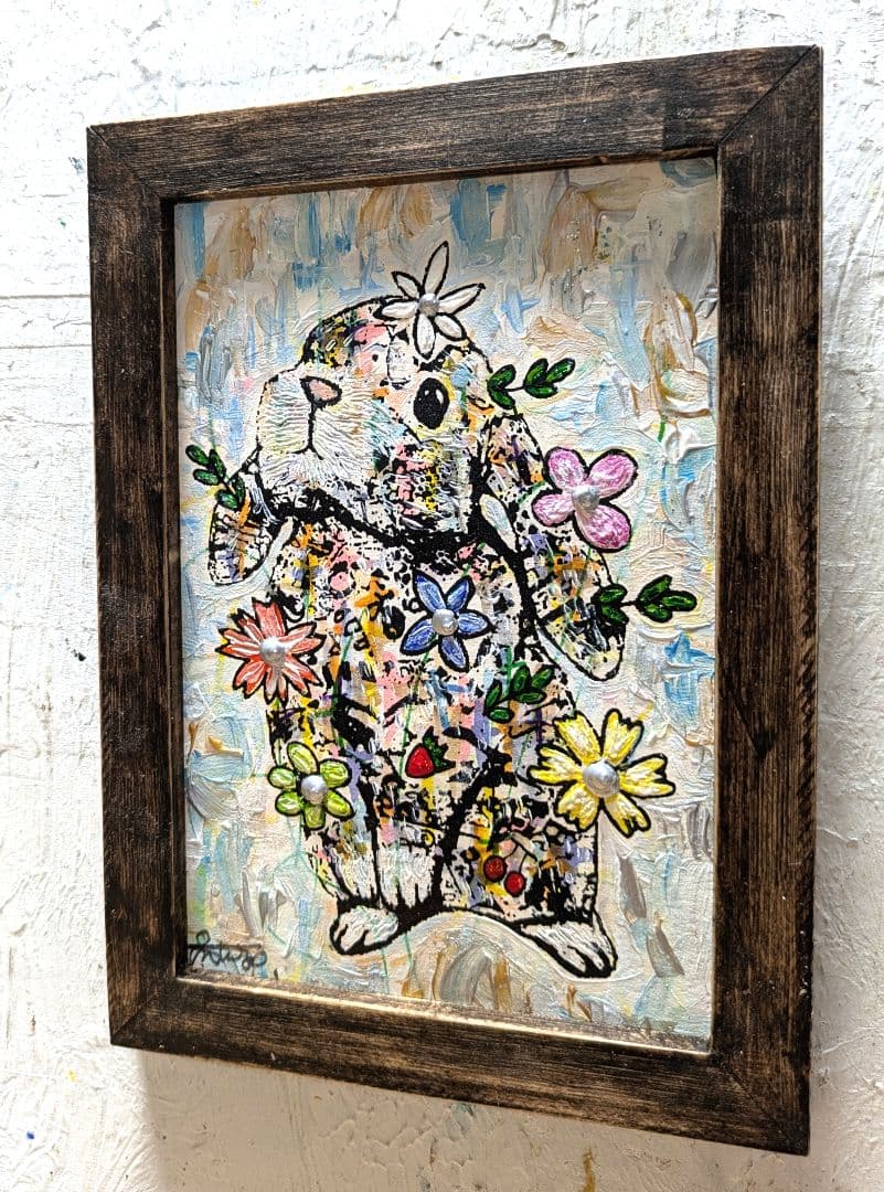 手作り額付き作品　title「静かなる月下の夢ウサギ」