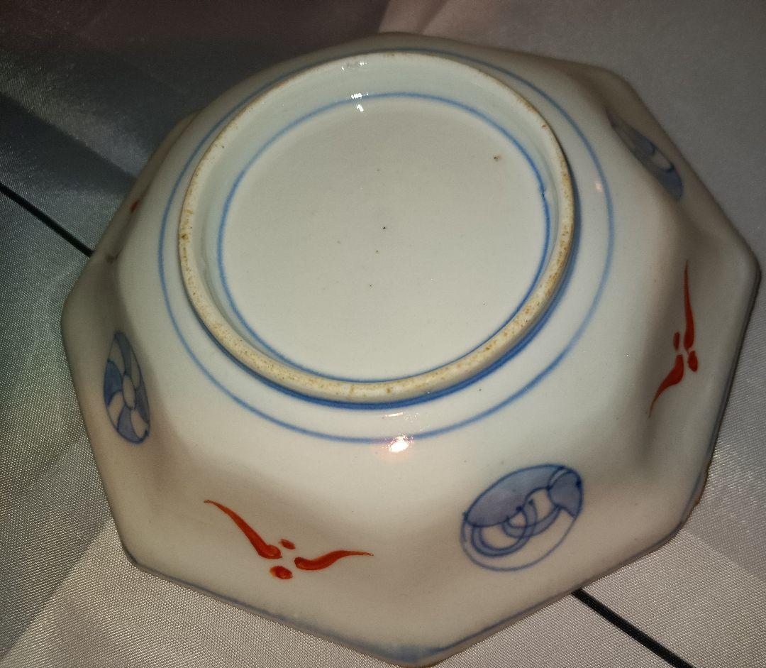 【古伊万里焼】　八角鉢　江戸時代後期　鶴亀　松竹梅　富士の図　金彩赤絵　吉祥文様