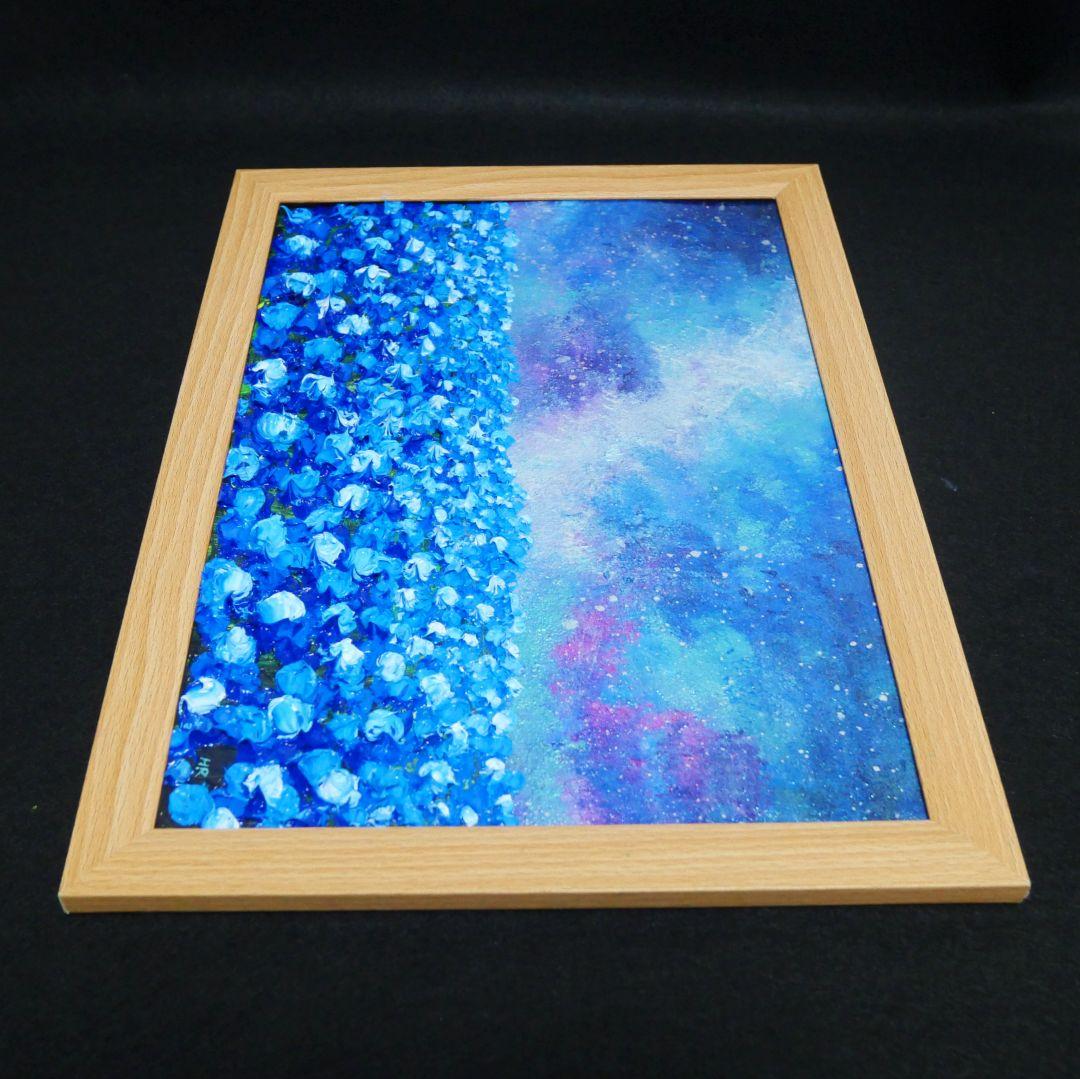 油絵 油彩 油彩画 絵 絵画【ネモフィラの田んぼに輝く天の川】