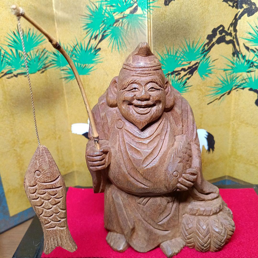 骨董品　恵比寿:大黒　木彫り置物　屏風&台座付き　希少セット