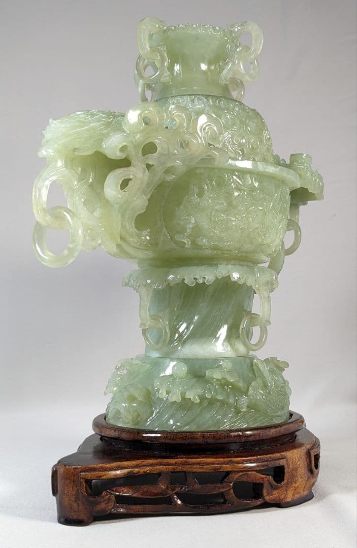 未使用　岫玉　天然石　特大香炉　遊環 龍 干支 透かし彫り 浮彫り 手彫り波唐草