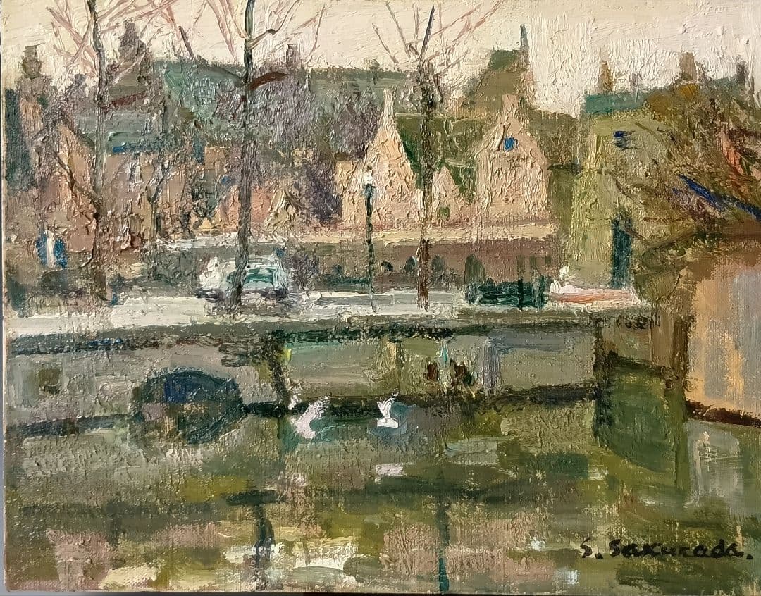 額装/桜田精一「運河の町((ブルージュ)」F6/共シール、黄袋付き