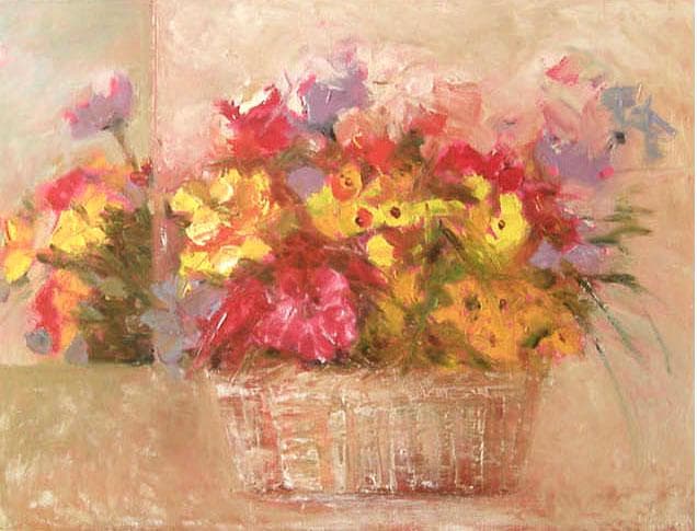 油絵 菅家令子 絵 絵画インテリア額付(青緑＋金色の枠) uF6-110302花