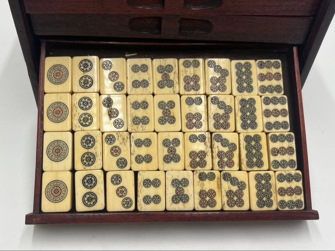 中国　竹嵌　骨牌　背竹牌　麻雀牌　唐木箱付