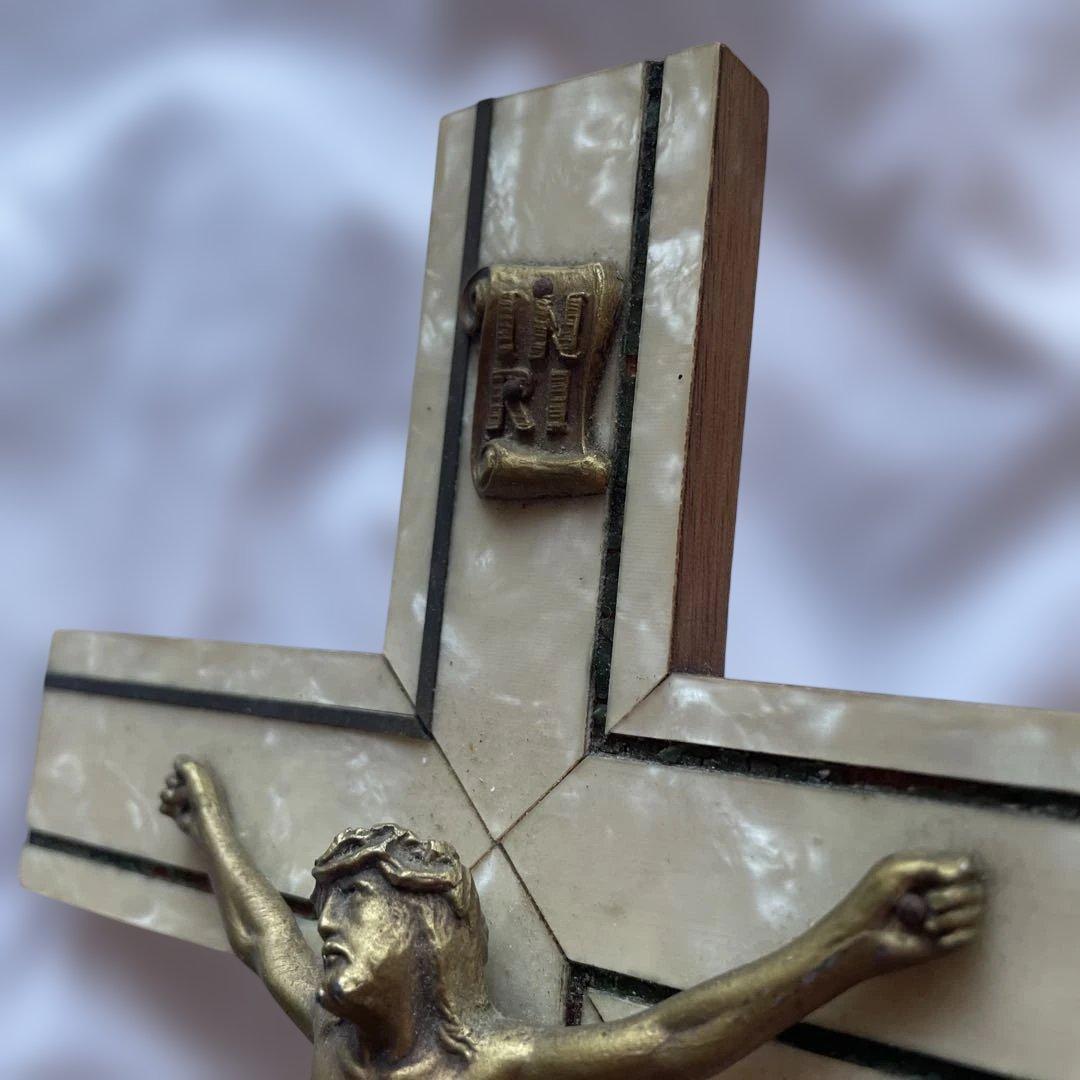 フランス　ブロカント　キリスト　十字架　キリスト教　磔刑　オブジェ　真鍮　木製