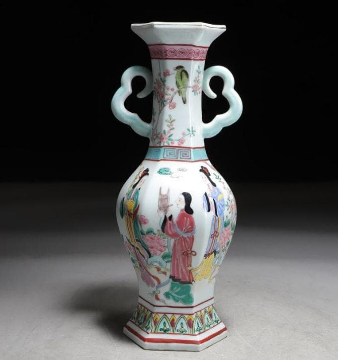 中国美術 景德鎮 花瓶 花器 花入 大清乾隆年製 六角 双耳 合箱 骨董品