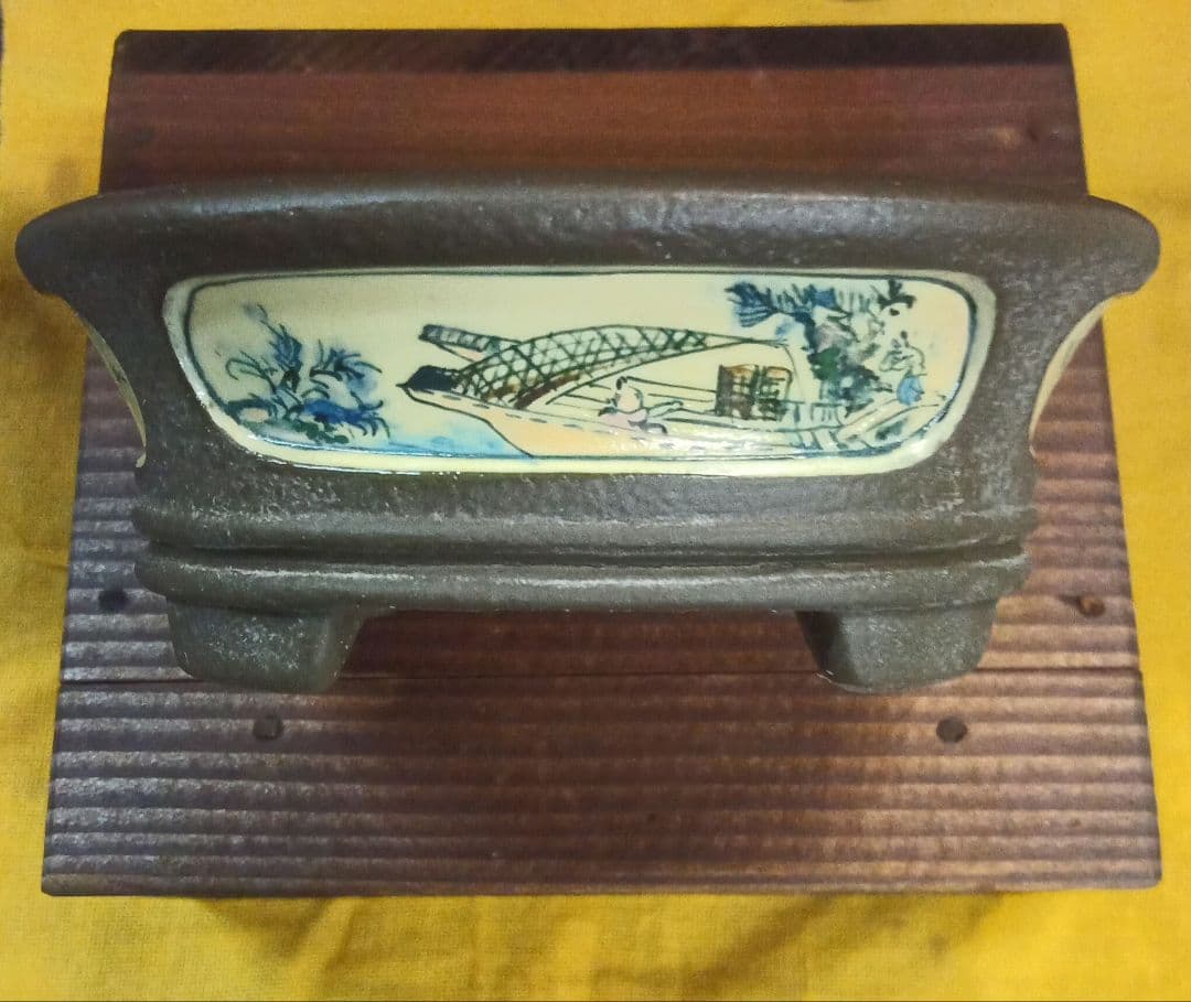 006.【陶翠】象嵌絵付/縁付楕円/盆栽鉢/木箱付き