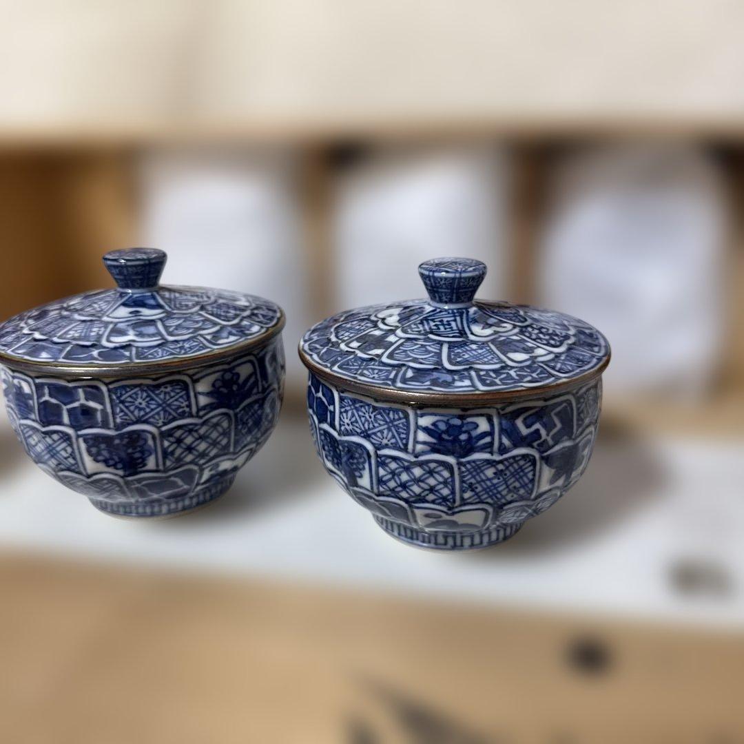 未使用 清水焼 京焼 平安壹楽造 湯呑み 蓋付 5客組 染付 茶碗 菊彫祥瑞