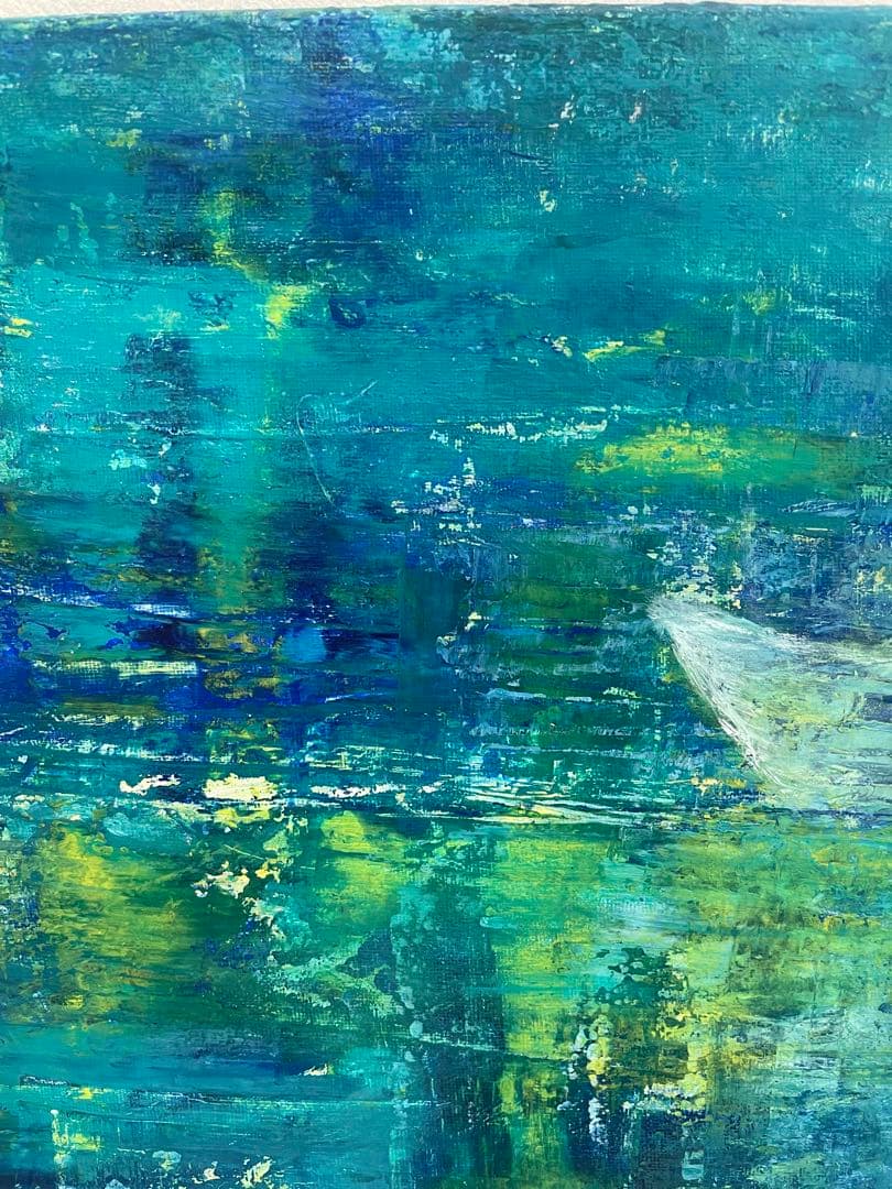 265 抽象画 アクリル画 原画 キャンバスボード F6 満月と哀愁の漁船