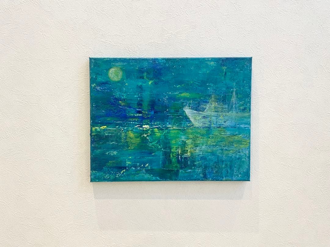 265 抽象画 アクリル画 原画 キャンバスボード F6 満月と哀愁の漁船