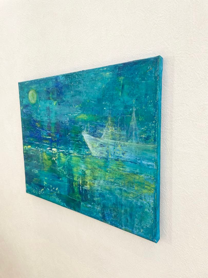 265 抽象画 アクリル画 原画 キャンバスボード F6 満月と哀愁の漁船