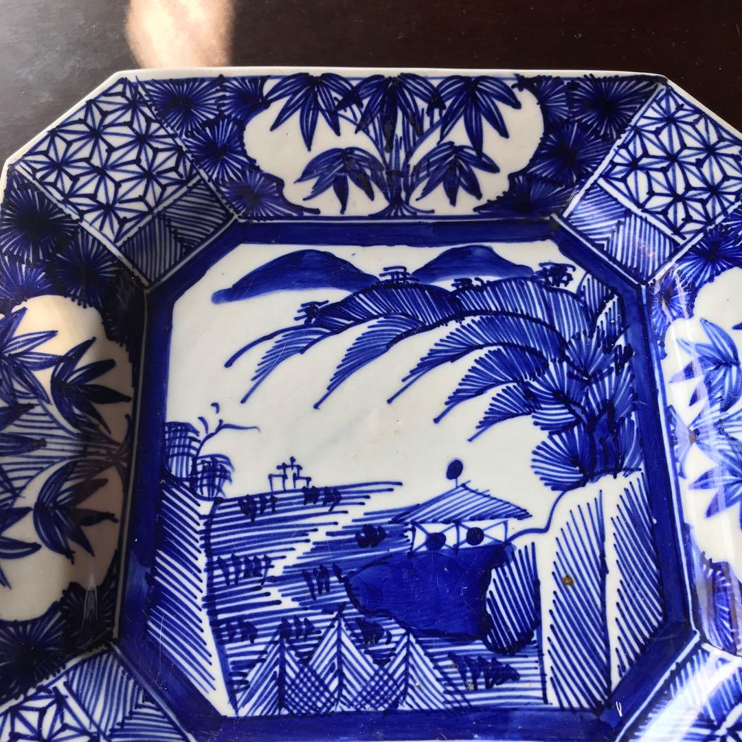 美品　古伊万里　陶器　年代物　盛り皿　角皿　八角絵皿　線画　山水の絵柄が素敵な