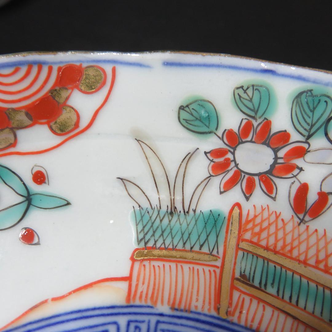 なます皿 5客 松竹梅 色絵付 見込印判 唐草 花文様 明治 木箱