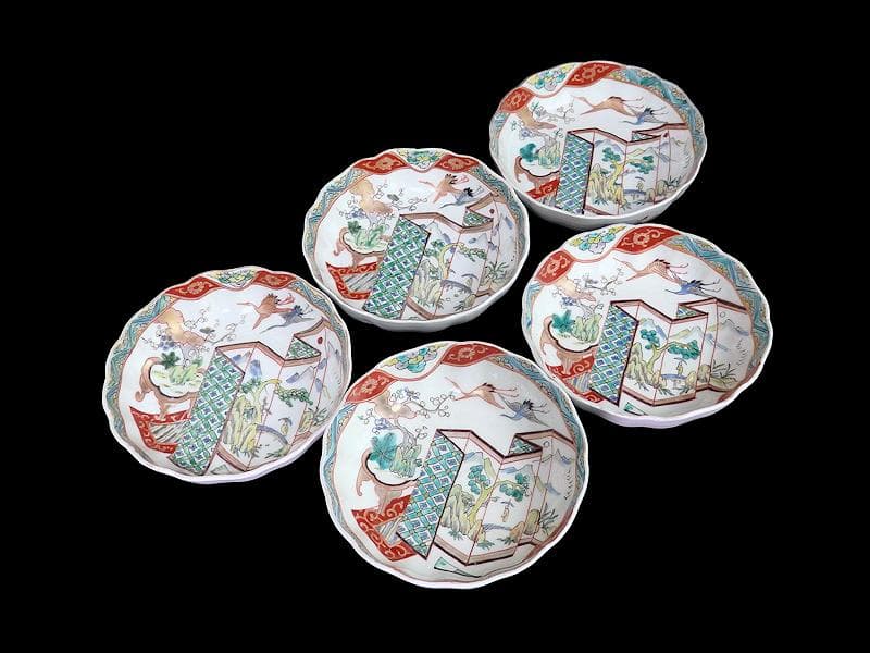 古伊万里　色絵　屏風図に双鶴の図　膾皿　５枚　D299AS-fbty