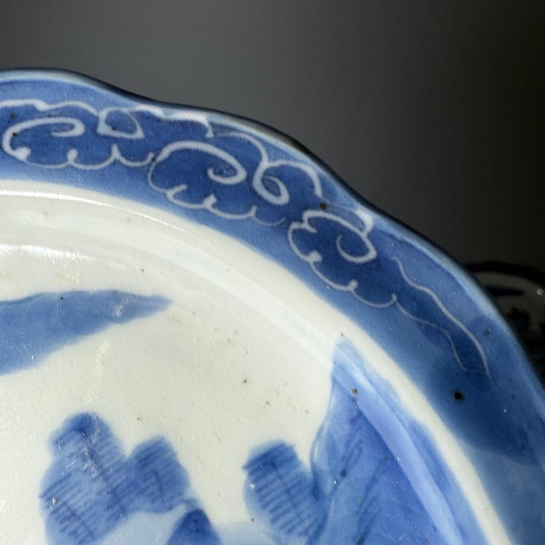 古伊万里　染付風景画輪花皿　十枚　墨弾き　ケーキ皿　デザート皿　古民家カフェ