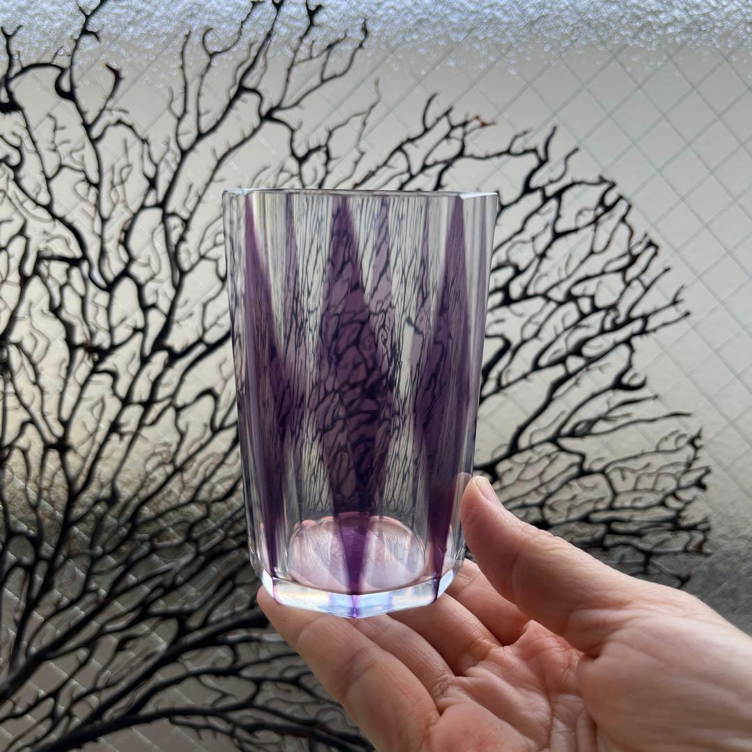 骨董　時代ガラス　紫色被せダイヤ綴り　大正浪漫　モダン切子　コップ　ウラン ２客
